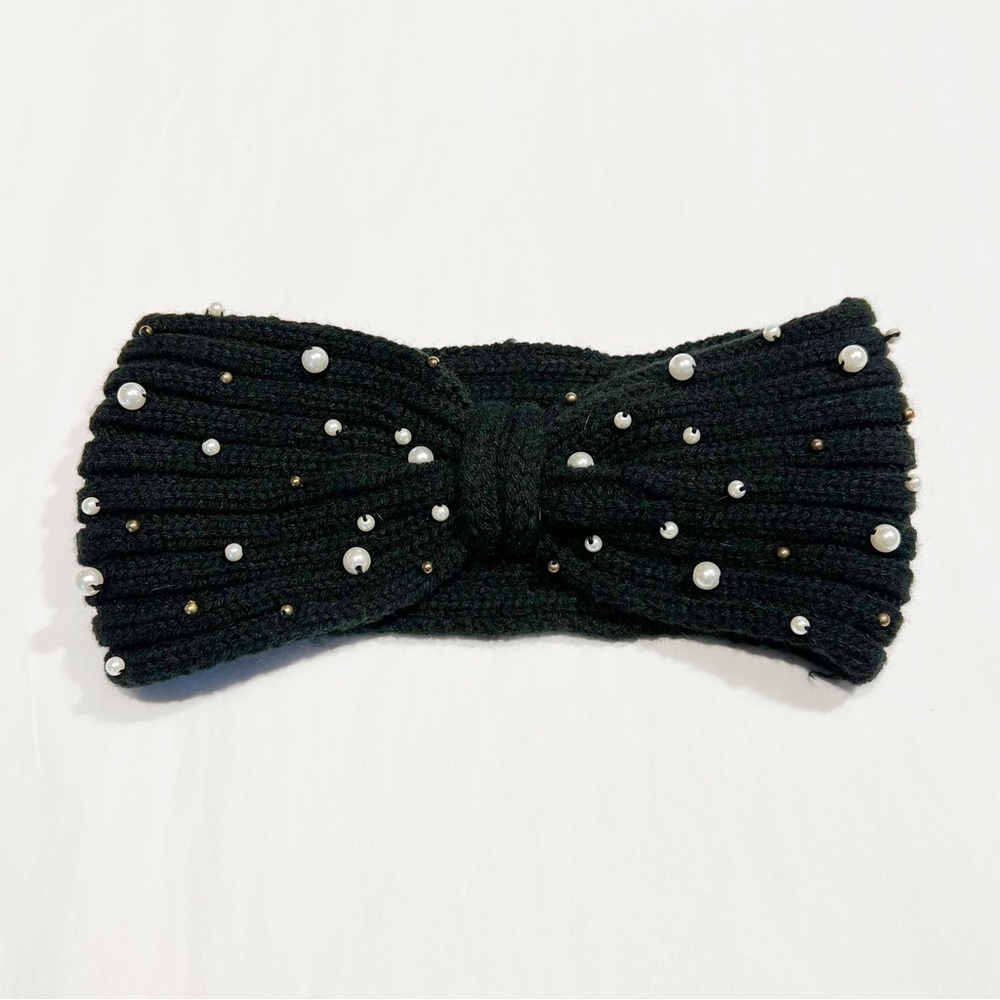 Francescas Black Knit Pearl Head Wrap
